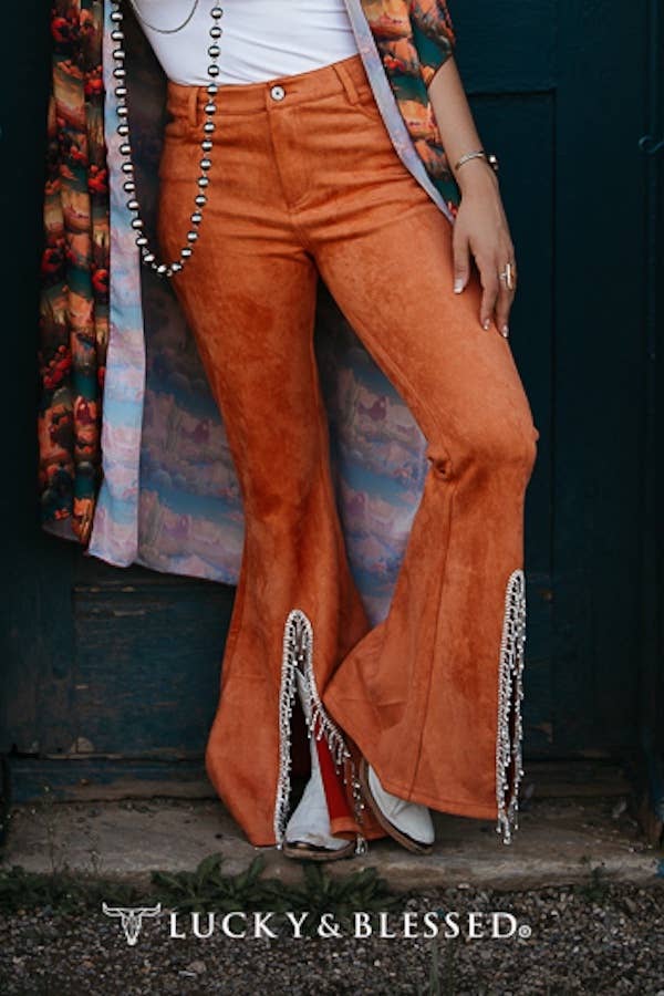 Plus Size Rust Suede Flare Jeans W Rhinestone Hem Slit