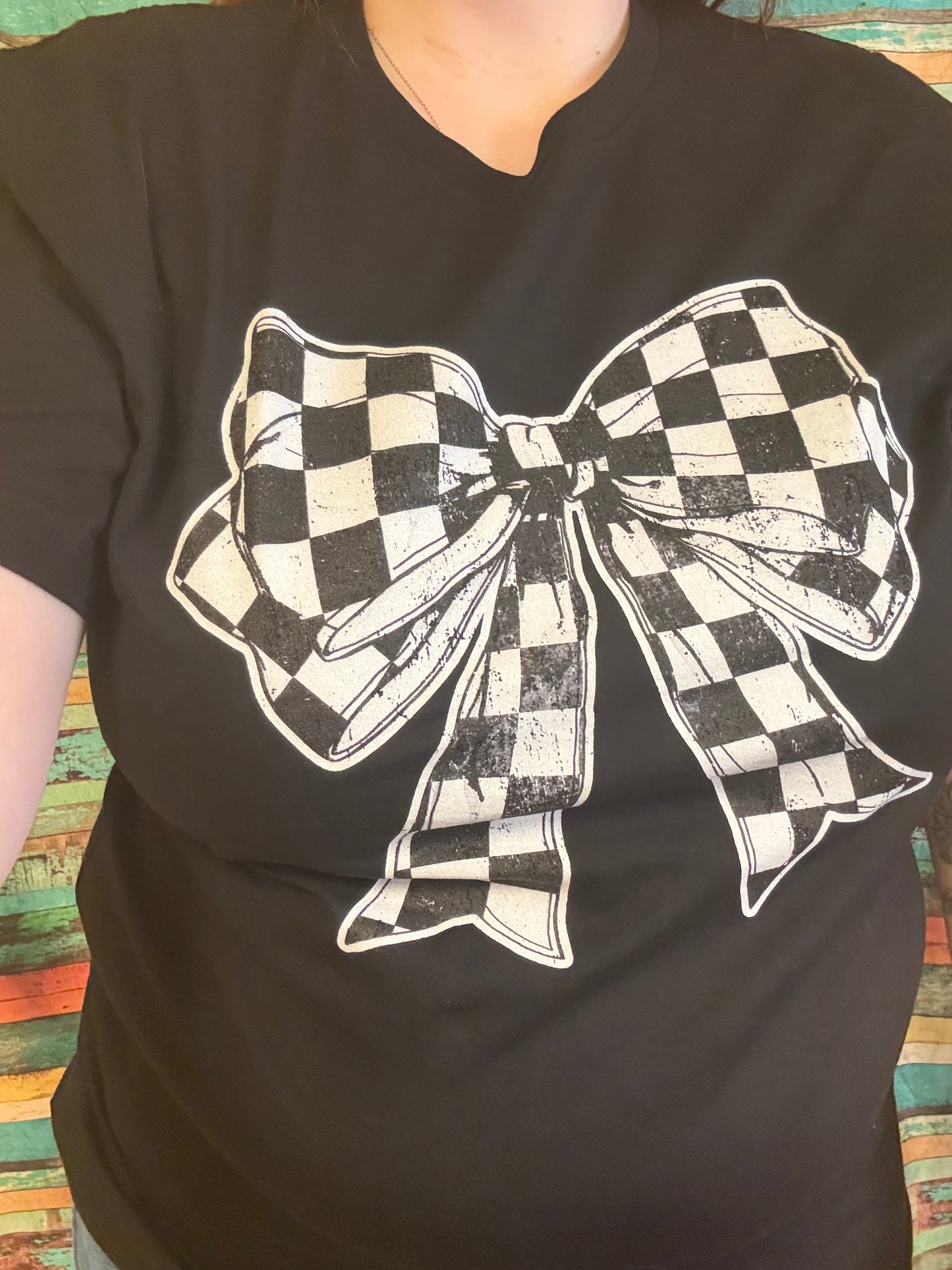 Checkered Coquette Bow Black Graphic Tshirt