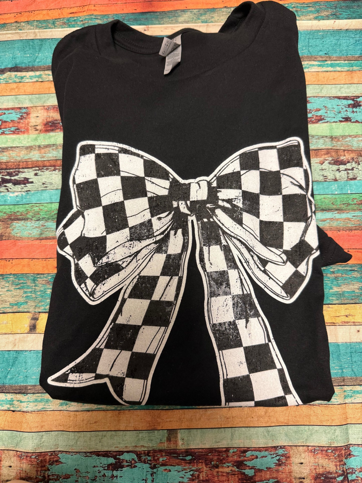 Checkered Coquette Bow Black Graphic Tshirt